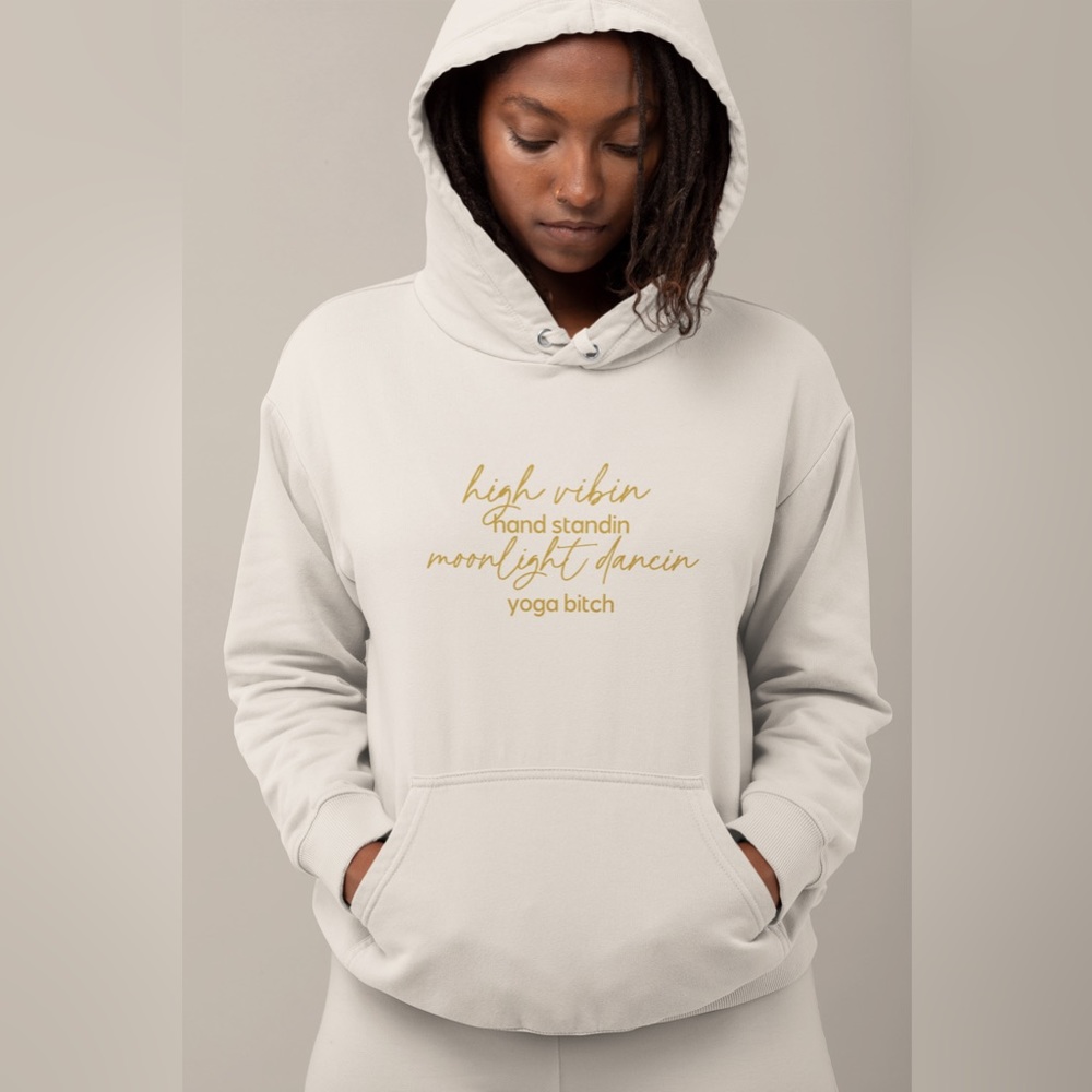 High Vibin Yoga Bitch Embroidered Long Line Loose Fit Fleece Hoodie in Bone NWT
